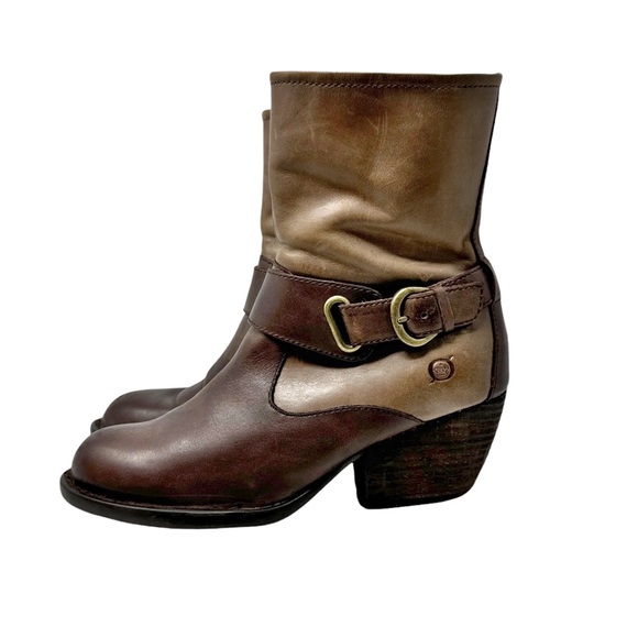 Born Nevica Two Tone Leather Western Block Heel Boots Espresso Antilope Size 6 - Picture 3 of 11